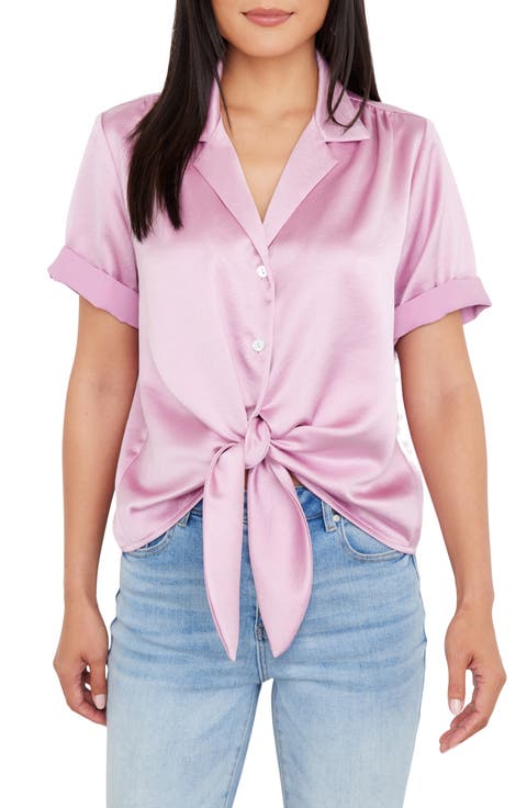 Roll Cuff Tie Front Satin Blouse