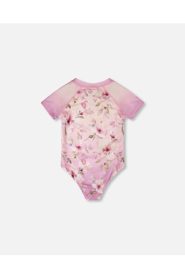 One-Piece Short Sleeve Flower Swimsuit, Alternate, color, Purple Flower Print