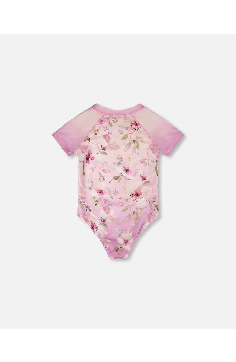 Deux par Deux One-Piece Short Sleeve Flower Swimsuit, Alternate, color, Purple Flower Print