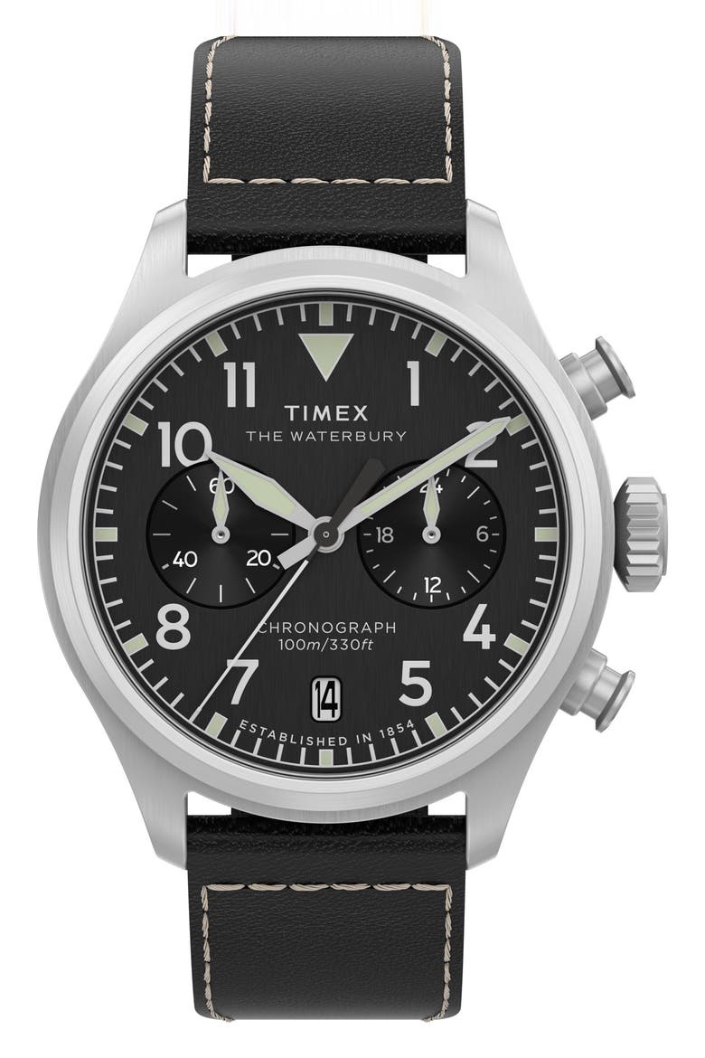 Waterbury Ace Chronograph Leather Strap Watch, 41mm, Main, color, BLACK