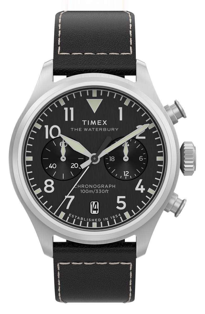 Timex<sup>®</sup> Waterbury Ace Chronograph Leather Strap Watch, 41mm, Main, color, Black
