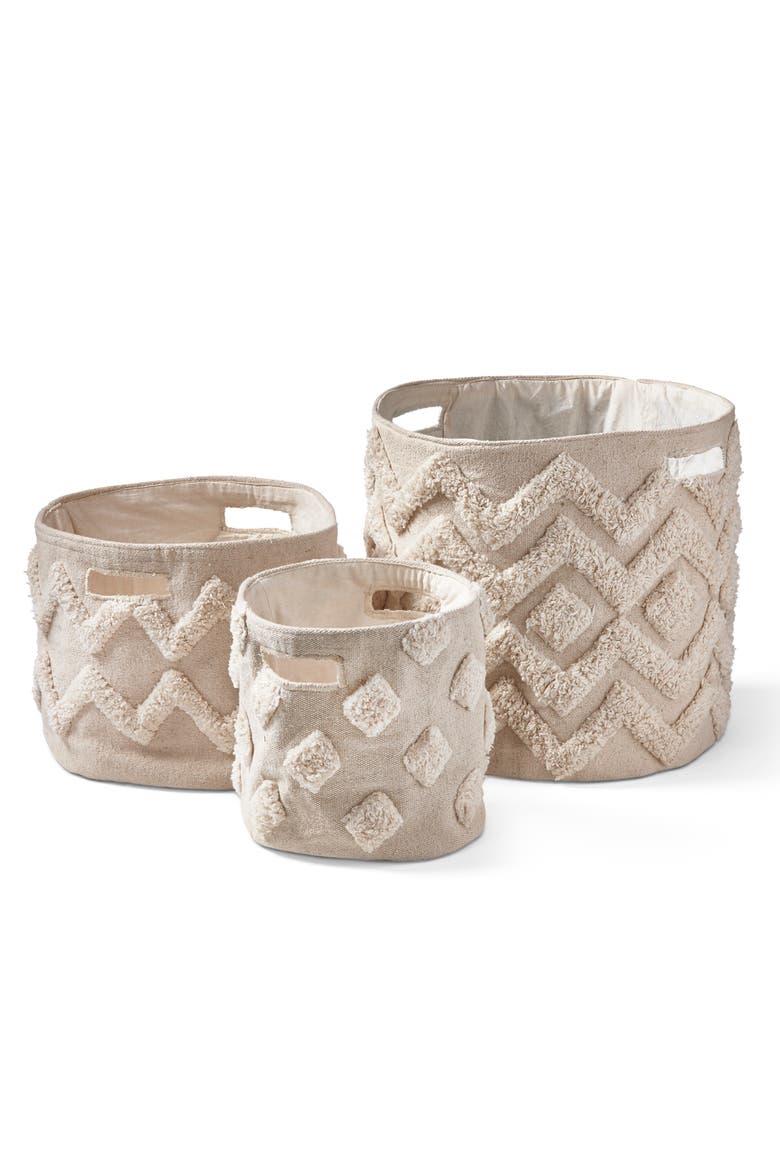 Set of 3 Tufted Canvas Bins Decorative Cotton Baskets, Main, color, Beige