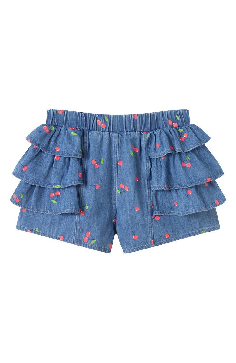 Andy & Evan Kids' Printed Ruffle Denim Shorts, Alternate, color, Navy Cherry