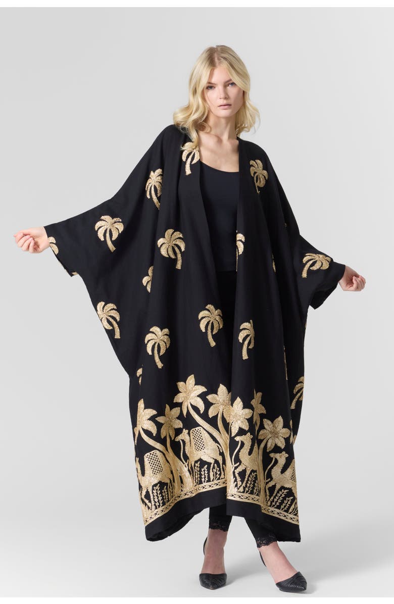 Le Fafo Luna Embroidered Linen Kaftan, Alternate, color, Black