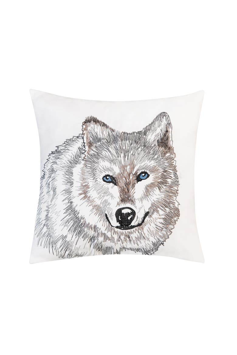 Wolf Portrait Indoor / Outdoor Embroidered Throw Pillow, 18" x 18", Main, color, Brown