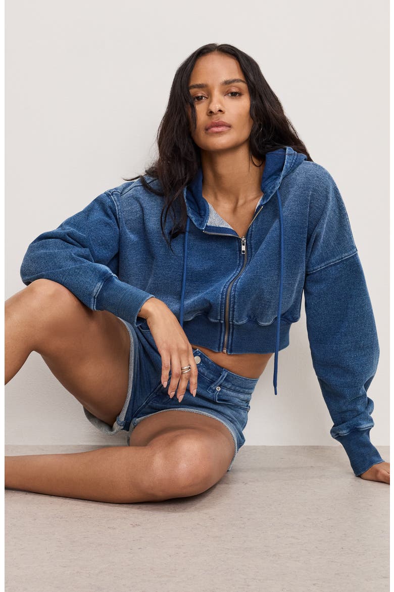 Jeanius Good '90s Raw Hem Terry Shorts, Alternate, color, INDIGO900