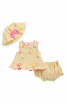 Rare Editions Citrus Seersucker Top, Bloomers & Hat Set