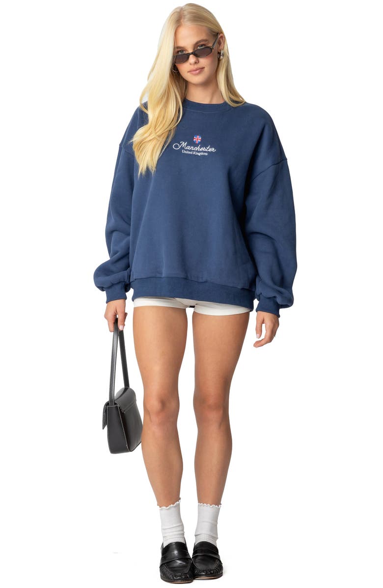 EDIKTED Manchester Embroidered Oversize Graphic Sweatshirt, Alternate, color, Navy