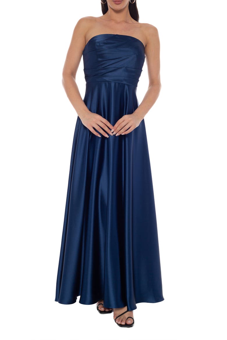 Twill Stretch Satin Strapless Gown, Main, color, NAVY