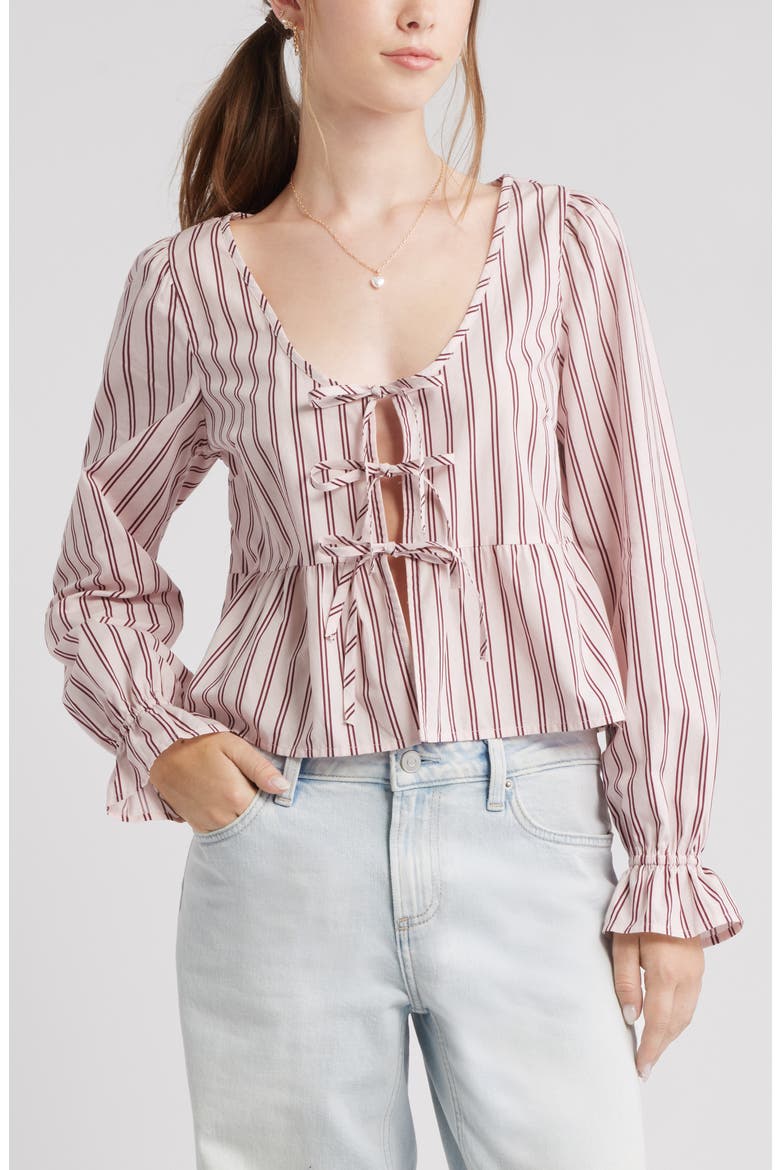 Tie Front Scoop Neck Cotton Poplin Peplum Top, Main, color, PINK- BURGUNDY KATE STRIPE