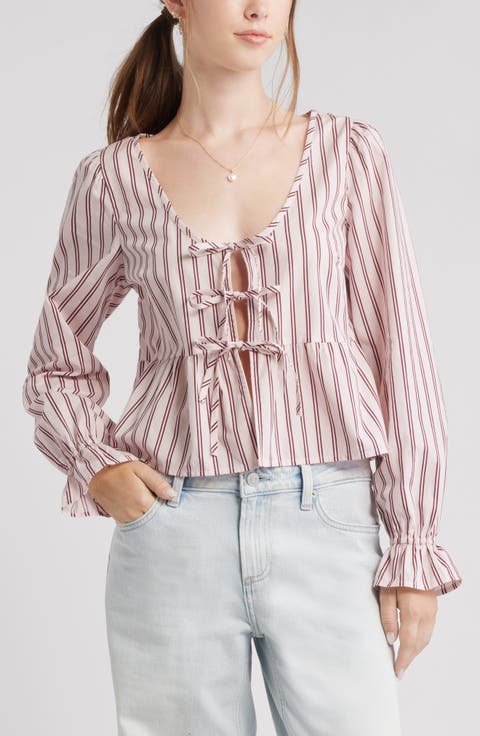 Tie Front Scoop Neck Cotton Poplin Peplum Top