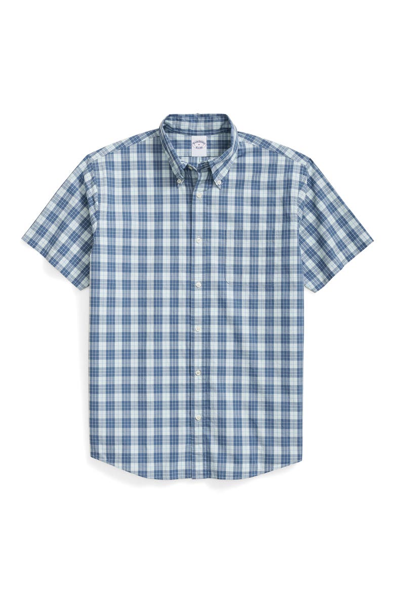 Friday Regular Fit Plaid Short Sleeve Cotton Poplin Button-Down Shirt, Main, color, TURQUOISE/ AQUA