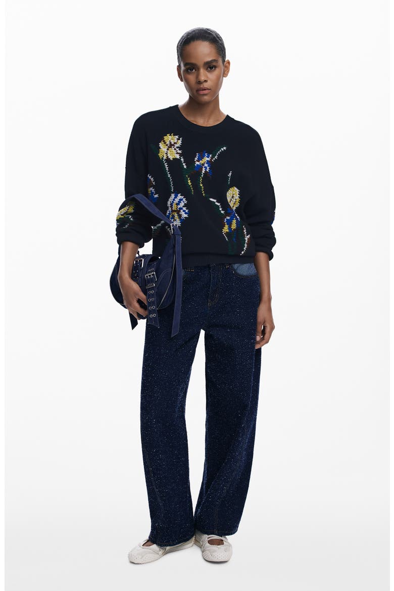 Floral Embroidered Sweater, Alternate, color, BLACK