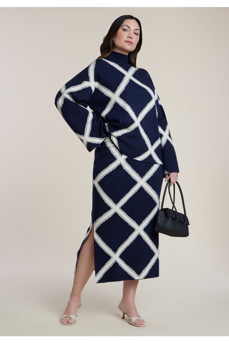 Intarsia Sweater Skirt, Main, color, NAVY/WHITE GRID
