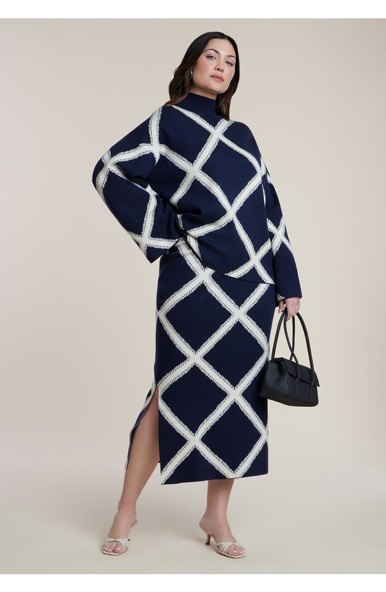 ELOQUII Intarsia Sweater Skirt, Main, color, Navy/White Grid