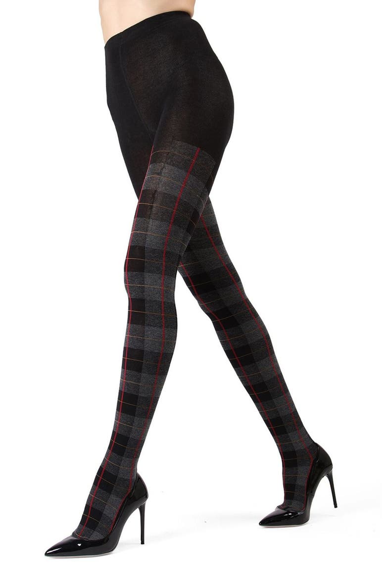 Glasgow Plaid Sweater Tights, Main, color, BLACK