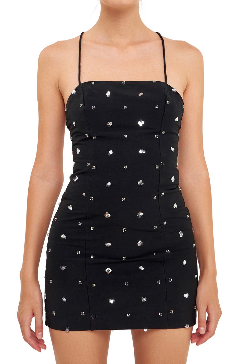 Sequin Floral Embellished Minidress, Alternate, color, BLACK