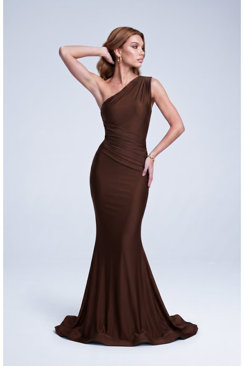 One Shoulder Ruched Mermaid Evening Gown, Main, color, Brown