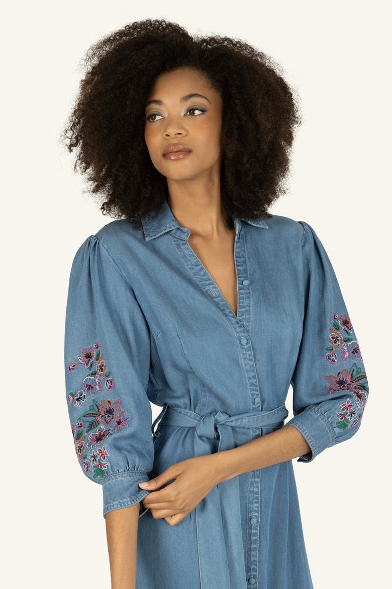 Lynn Dress with Flower Embroidery, Alternate, color, Light Blue Wash Denim