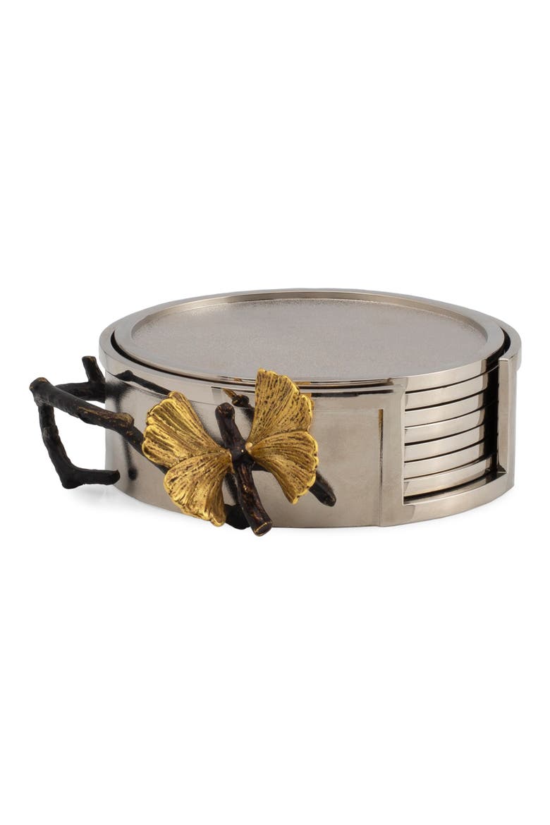 Butterfly Ginkgo Set of 6 Coasters, Main, color, SILVER