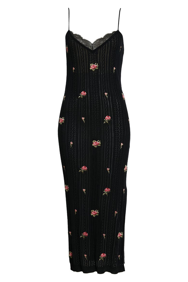 Rose Embroidered Midi Knit Slipdress, Alternate, color, 0NO NERO