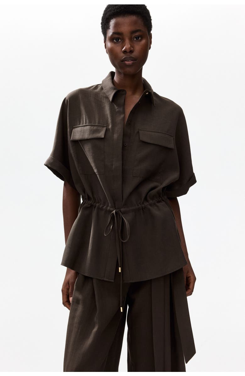 H&M Drawstring-detail Twill Top, Main, color, Dark Brown