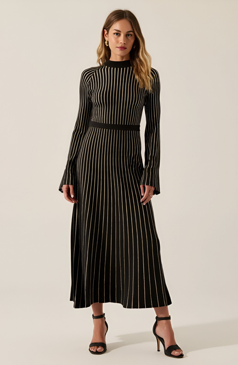 Striped Rib-Knit Long Sleeve Maxi Dress with Mock Neck