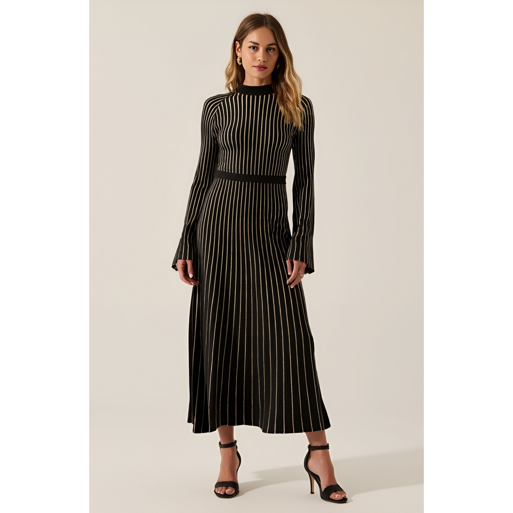 Modenaire Striped Rib-knit Long Sleeve Maxi Dress With Mock Neck In Multi