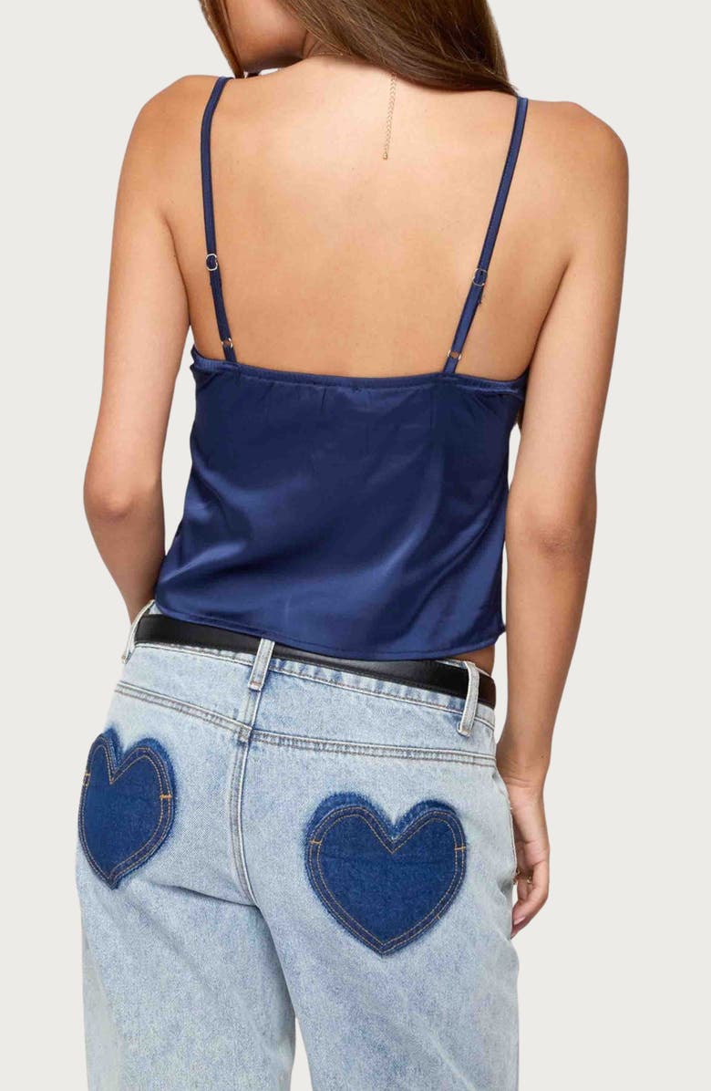 EDIKTED Lace Inset Crop Satin Camisole, Alternate, color, Navy