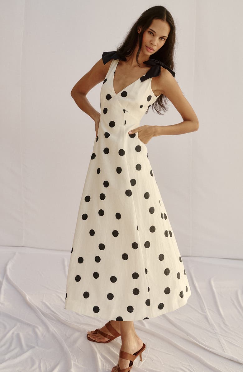 Boden Bow Detail Linen Empire Waist Dress, Alternate, color, Ivory Painted Dot Spaced