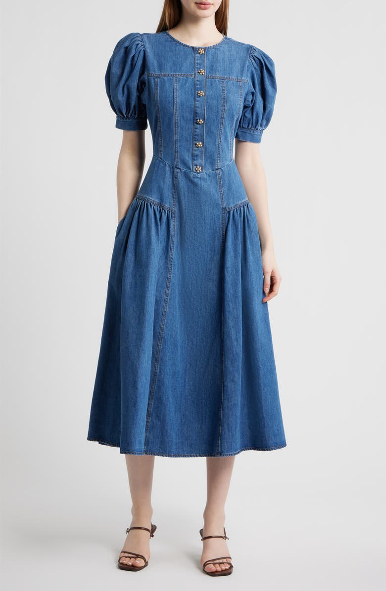 FREEMARKET Cotton Blend Puff Sleeve Denim Midi Dress, Main, color, Denim