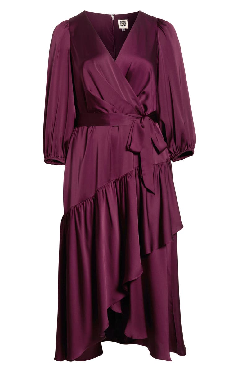 Anne Klein Tie Waist Long Sleeve Satin High/Low Maxi Dress, Alternate, color, Dark Chianti