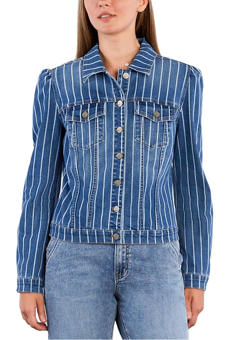 Luna Puff Shoulder Denim Jacket, Main, color, BLUE DENIM STRIPE