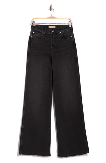 7 For All Mankind Lotta High Rise Wide Leg Raw Hem Stretch Jeans In Black