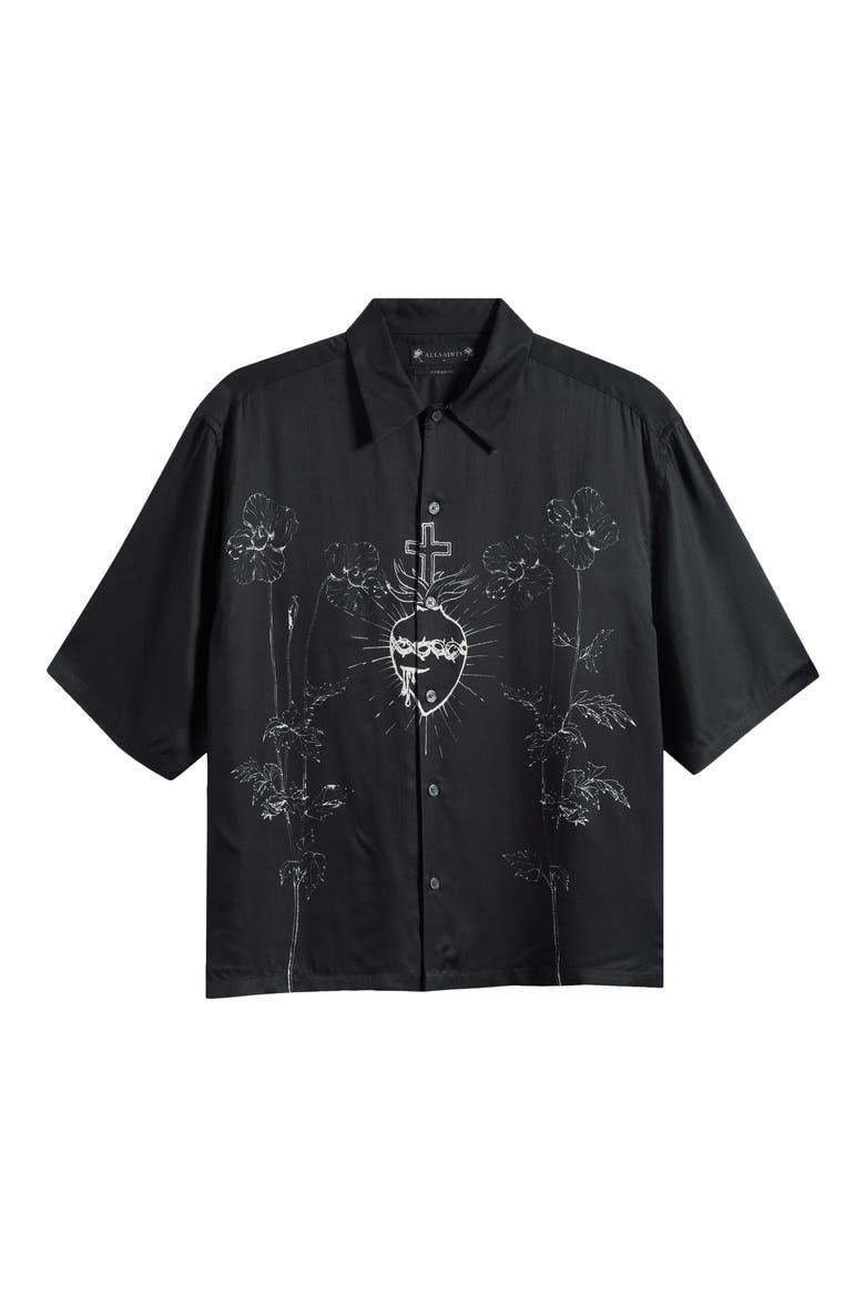 Fleur Graphic Short Sleeve Button-Up Shirt, Main, color, BLACK