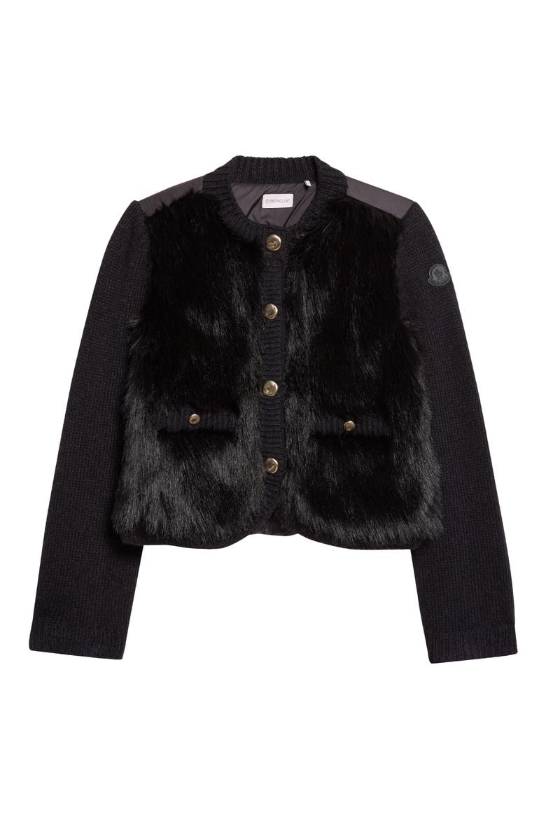 Mixed Media Alpaca & Wool Blend & Faux Fur Puffer Cardigan, Main, color, BLACK