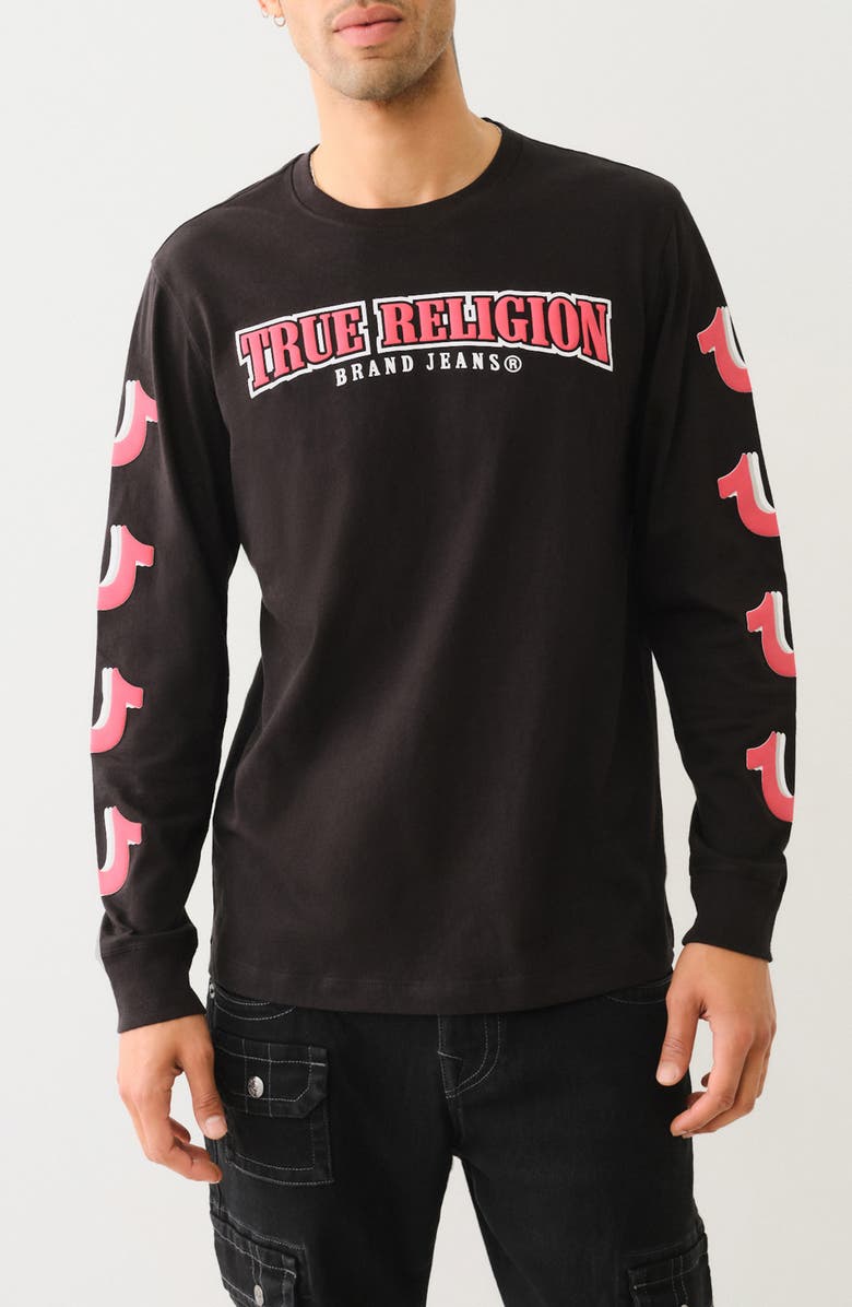 True Religion Repeated Horseshoe Long Sleeve Cotton Graphic T-Shirt, Main, color, 