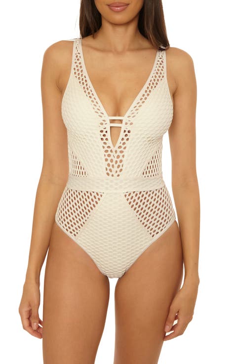 Castaway Fishnet Plunge One-Piece Swimsuit