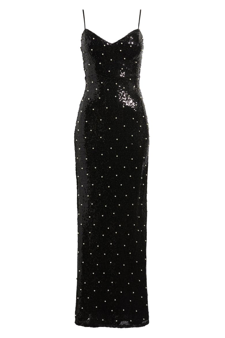 Sequin Faux Pearl Lace Up Gown, Alternate, color, BLACK / IVORY