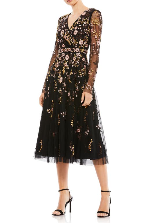 Mac Duggal Embroidered Wrap Over Illusion Sleeve Midi Dress In Black Multi