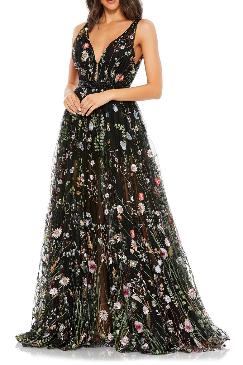 Floral Embroidered A-Line Gown, Main, color, BLACK MULTI