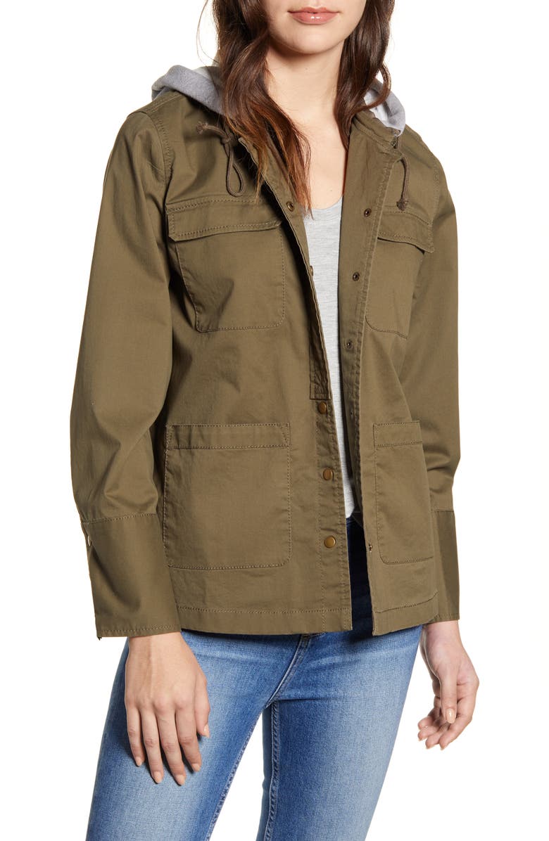 Caslon<sup>®</sup> Utility Jacket with Knit Hood, Main, color,