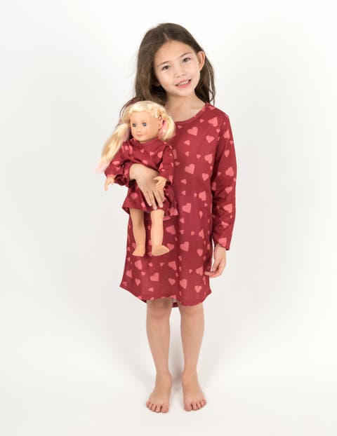 Girls Long Sleeve Nightgown with Matching Doll Nightgown, Printed Design