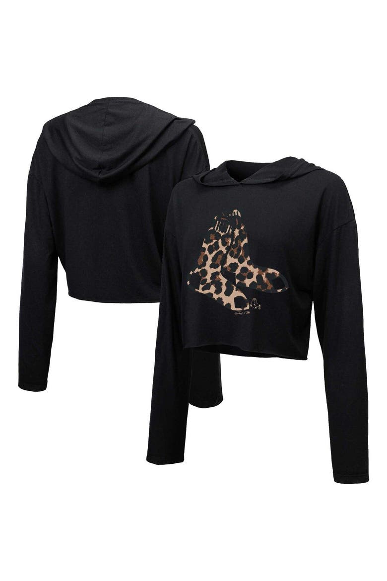 Women's Majestic Threads Black Boston Red Sox Leopard Cropped Hoodie, Main, color, Black