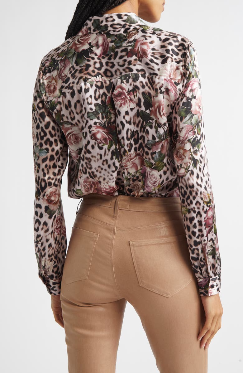 L'AGENCE Tyler Leopard Rose Print Silk Button-Up Shirt, Alternate, color, Small Rose Cheetah