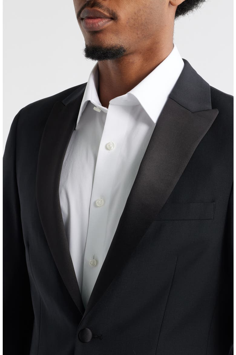 Black Peaked Lapel Stretch Wool Blend Tuxedo Jacket, Alternate, color, BLACK CAVIAR