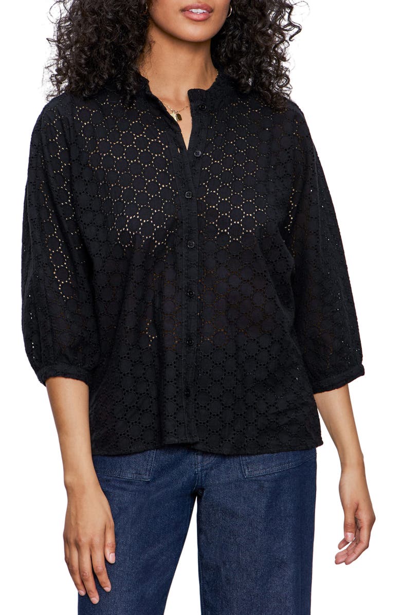 Sanctuary Petal Drop Eyelet Embroidered Button-Up Top, Main, color, Black
