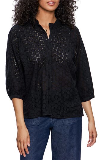 Sanctuary Petal Drop Eyelet Embroidered Button-up Top In Black