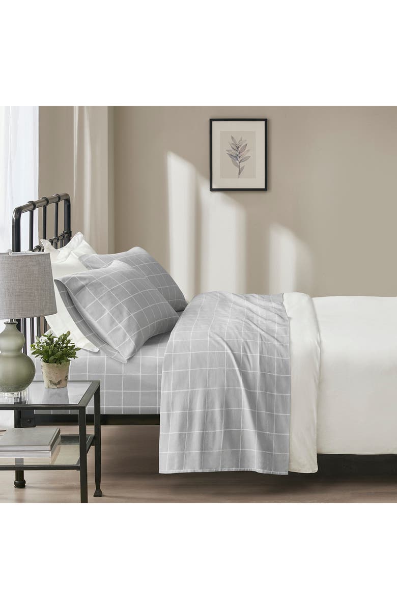 BEAUTYREST Oversized Flannel 4-Piece Cotton Sheet Set, Alternate, color, Grey Windowpane
