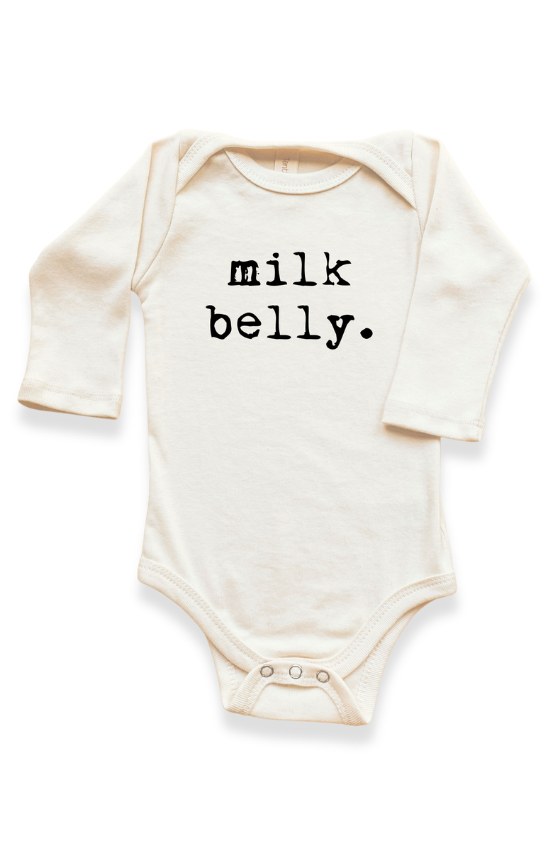 Tenth & Pine Milk Belly - Organic Long Sleeve Baby Bodysuit, Main, color, Natural Black Lettering